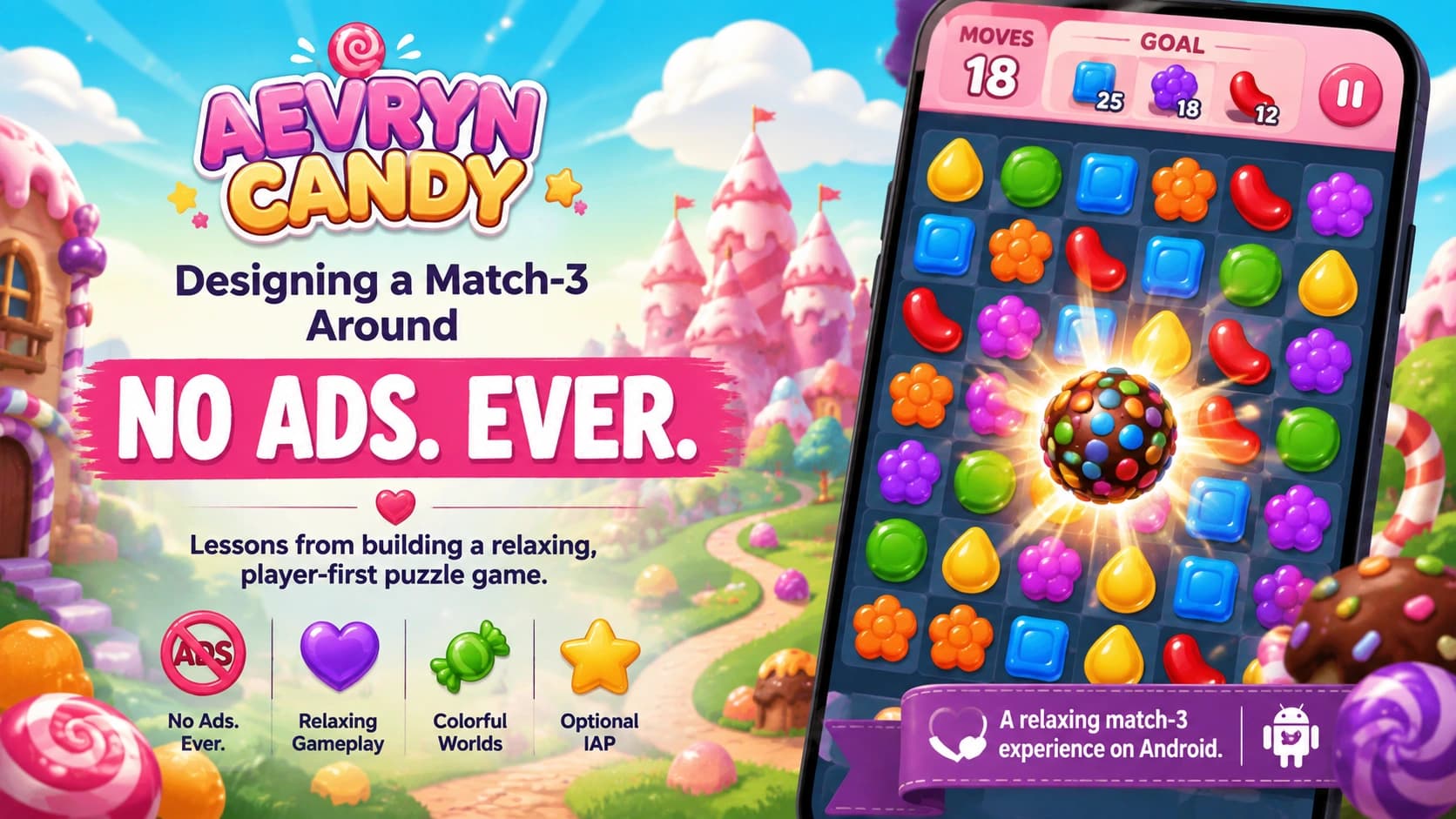 Designing Aevryn Candy: Five Lessons From Building a Match-3 Around "No Ads. Ever."